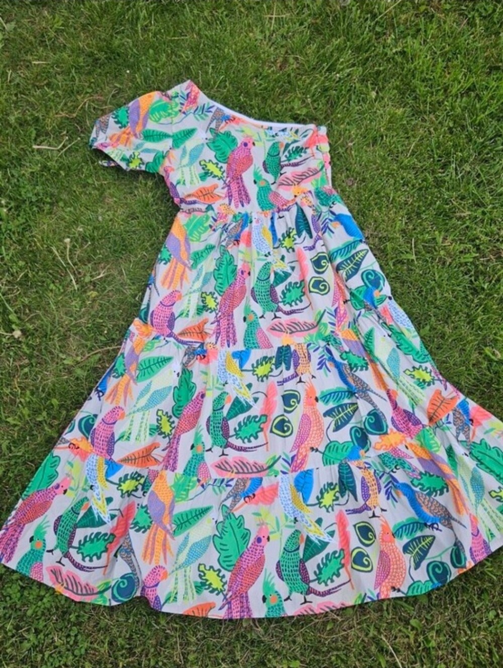 Oliphant, One-Shoulder Tropical Parrot Print Dress - Bright Multicolor, Size Med
